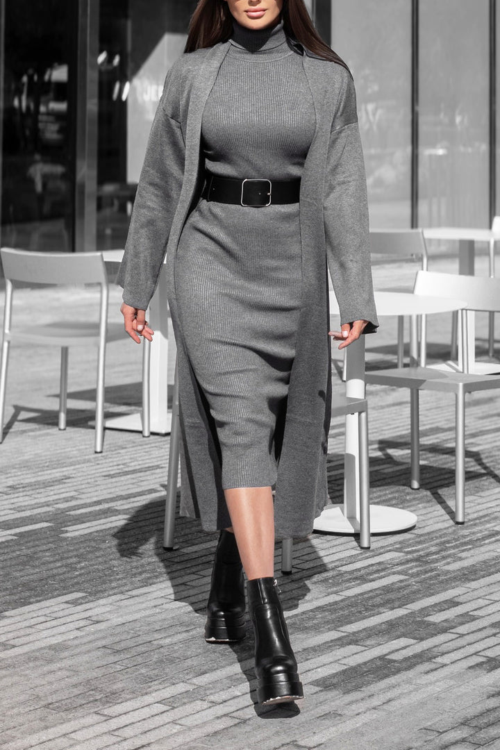 Stylish Knitted Cardigan & Turtleneck Maxi Dress Set
