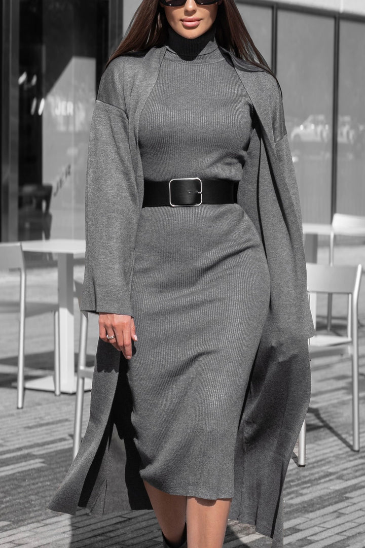 Stylish Knitted Cardigan & Turtleneck Maxi Dress Set