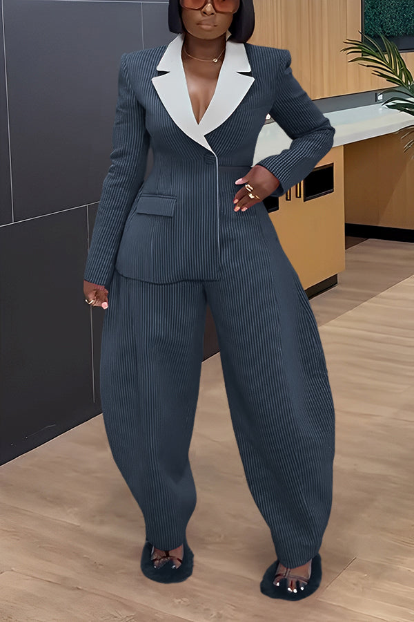 Stylish Contrast Striped Blazer & Scimitar Pants Set