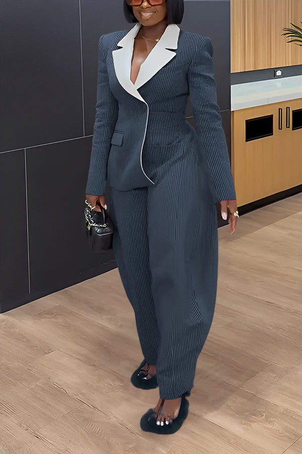 Stylish Contrast Striped Blazer & Scimitar Pants Set
