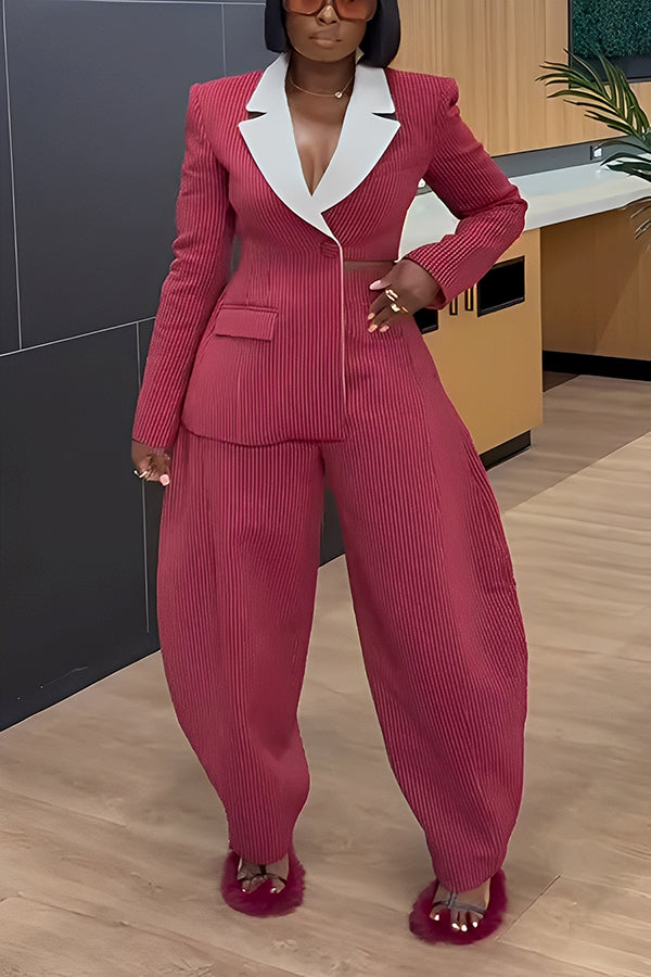 Stylish Contrast Striped Blazer & Scimitar Pants Set
