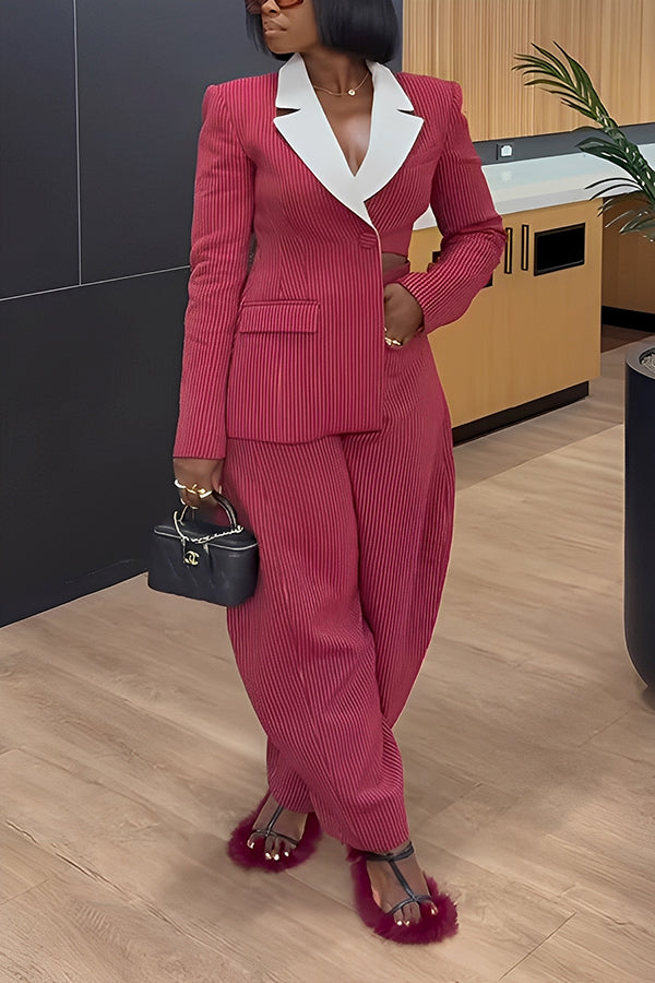 Stylish Contrast Striped Blazer & Scimitar Pants Set