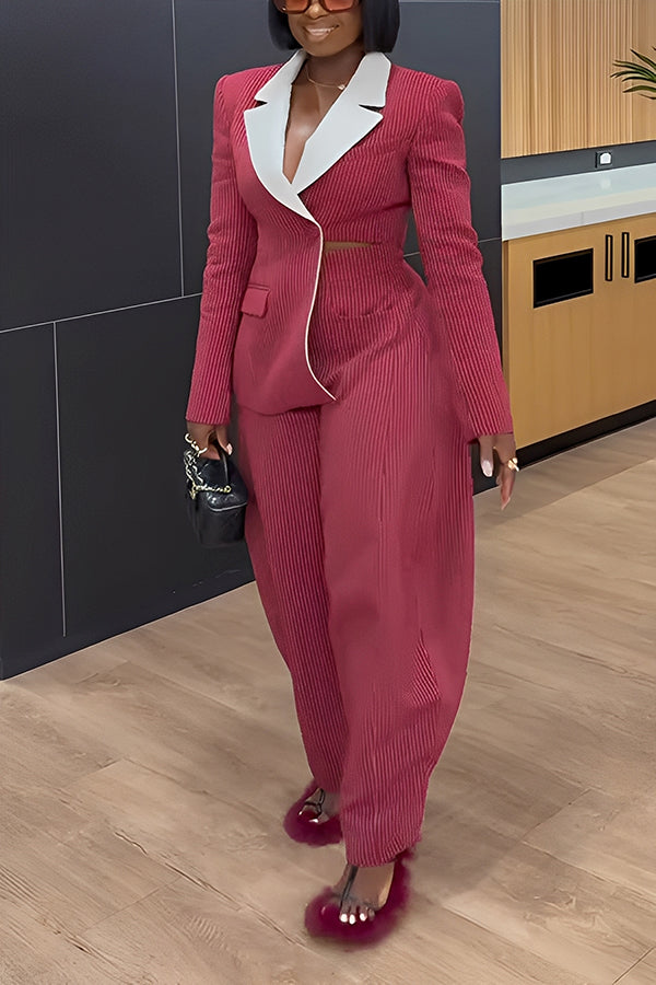 Stylish Contrast Striped Blazer & Scimitar Pants Set
