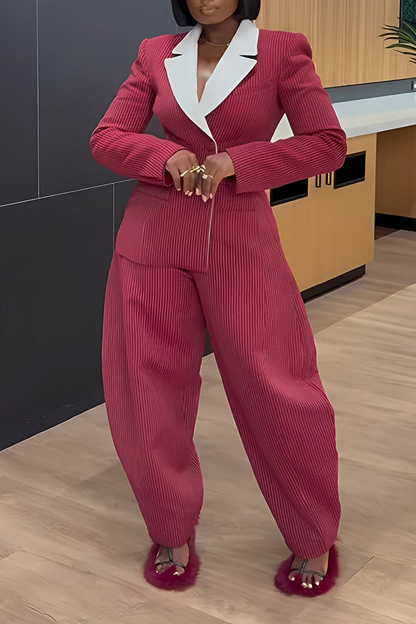 Stylish Contrast Striped Blazer & Scimitar Pants Set