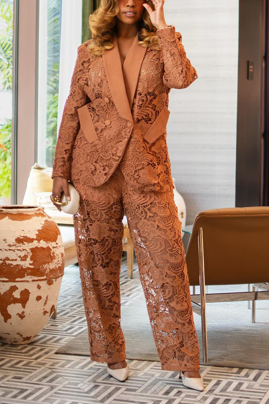 Elegant Lace Embroidery Patchwork Blazer & Pants Set