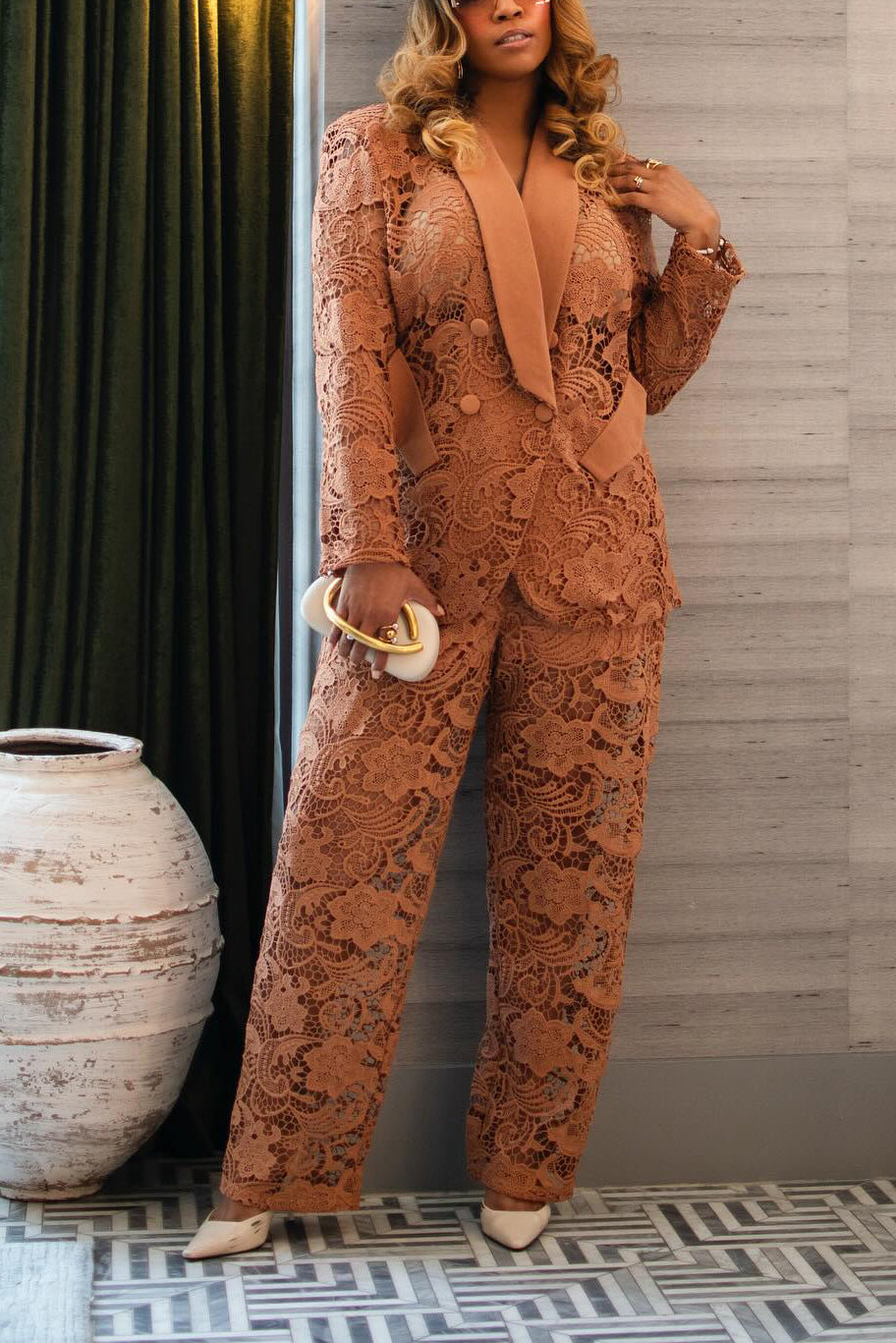 Elegant Lace Embroidery Patchwork Blazer & Pants Set