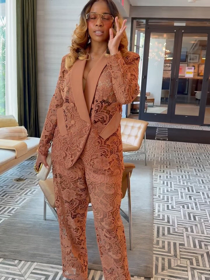 Elegant Lace Embroidery Patchwork Blazer & Pants Set