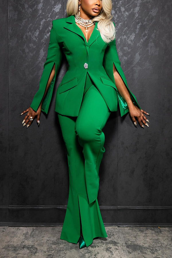 Striking Slit Sleeve Blazer & Flared Pants Set