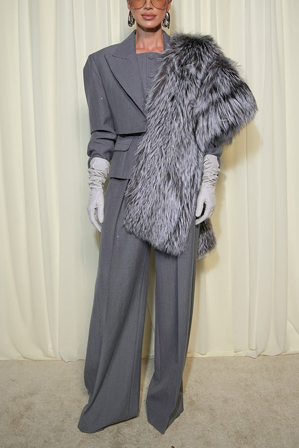 Commuter Shiny Striped Blazer & Vest & Wide Leg Pants Three Piece Set