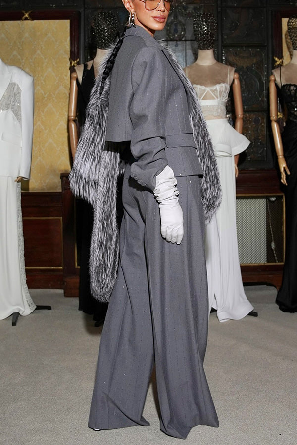 Commuter Shiny Striped Blazer & Vest & Wide Leg Pants Three Piece Set