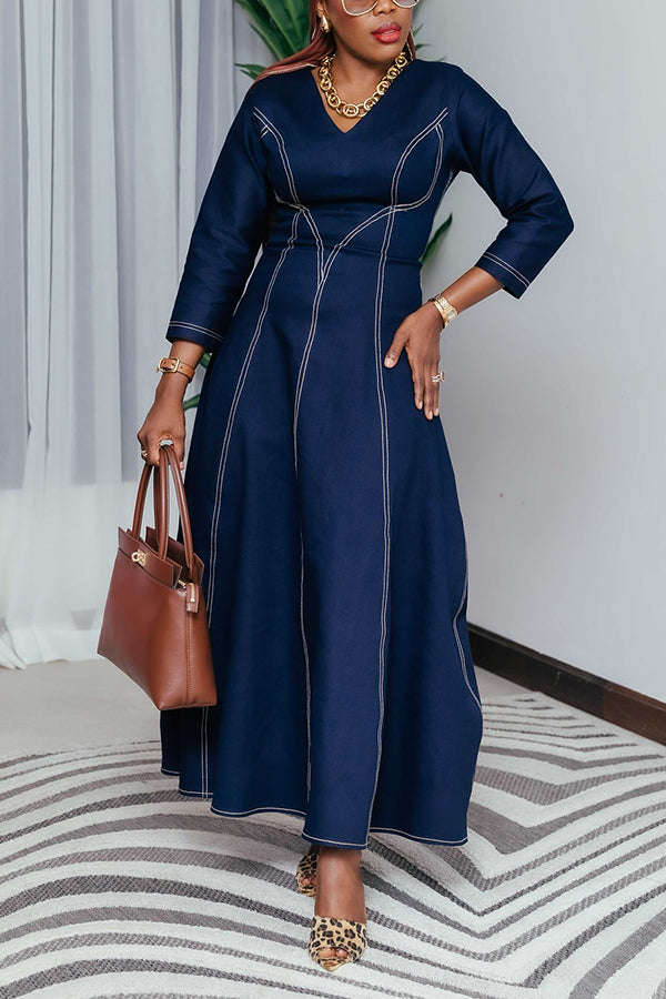 Stylish V-neck Ruffled Hem Denim Maxi Dress