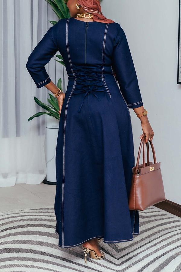 Stylish V-neck Ruffled Hem Denim Maxi Dress
