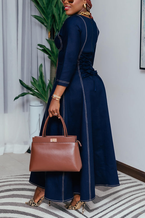 Stylish V-neck Ruffled Hem Denim Maxi Dress