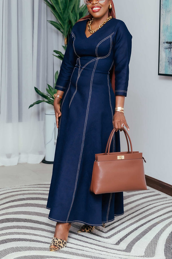 Stylish V-neck Ruffled Hem Denim Maxi Dress