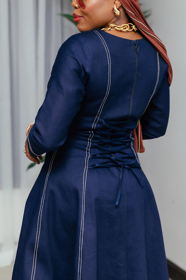 Stylish V-neck Ruffled Hem Denim Maxi Dress