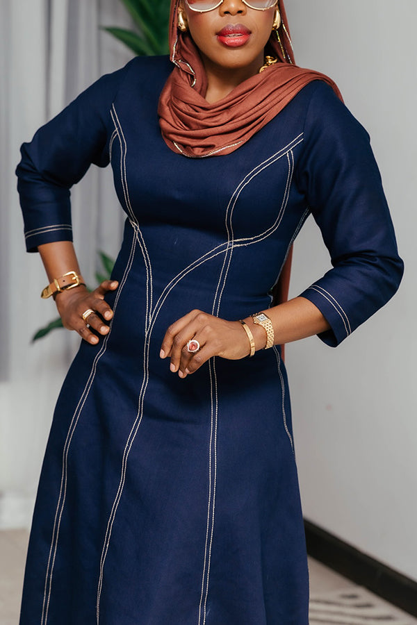 Stylish V-neck Ruffled Hem Denim Maxi Dress