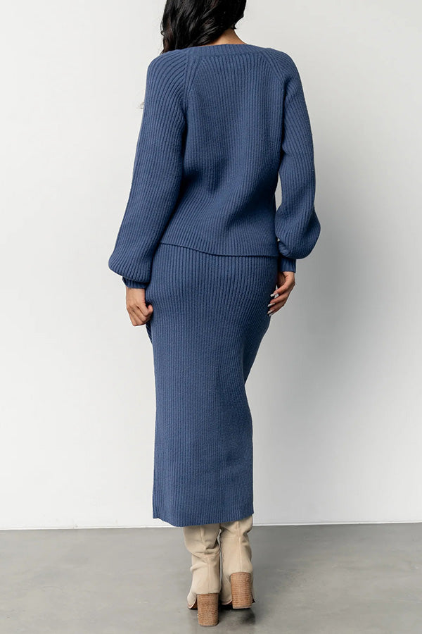 Elegant Single Breasted Ribbed Knit Cardigan & Skirt Set