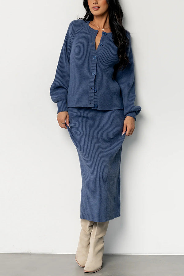 Elegant Single Breasted Ribbed Knit Cardigan & Skirt Set