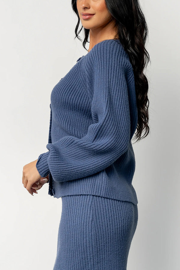 Elegant Single Breasted Ribbed Knit Cardigan & Skirt Set