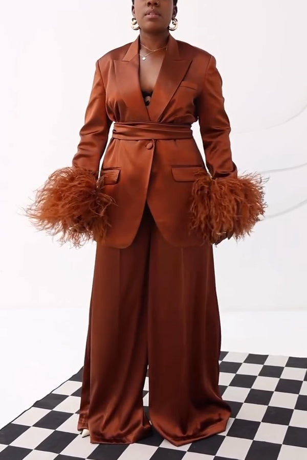Chic Feather Panel Blazer & Satin Pants Set