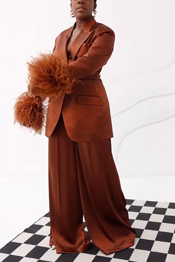 Chic Feather Panel Blazer & Satin Pants Set