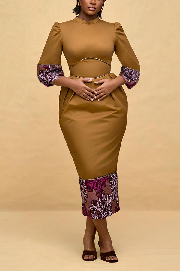 Elegant Puff Sleeve Paneled Midi Dress