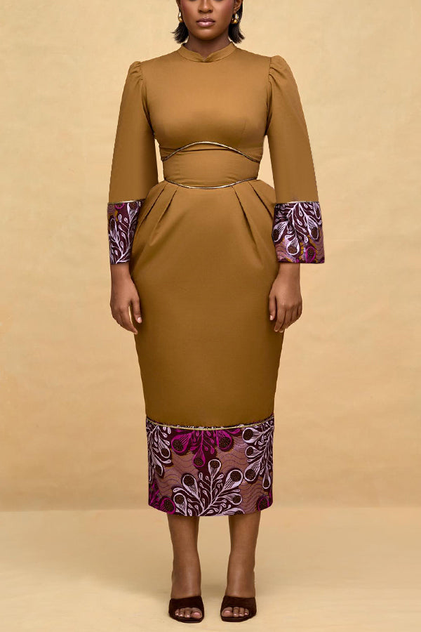Elegant Puff Sleeve Paneled Midi Dress
