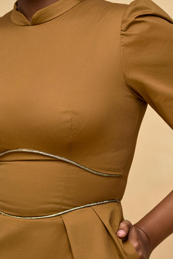 Elegant Puff Sleeve Paneled Midi Dress