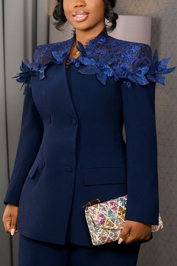 Elegant Lace 3d Flower Stitchingt Blazer & Pants Set