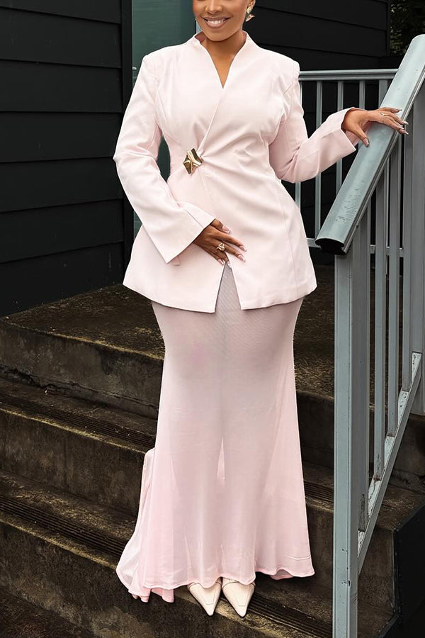 Elegant Slanted Placket Metal Button Blazer & Skirt Set