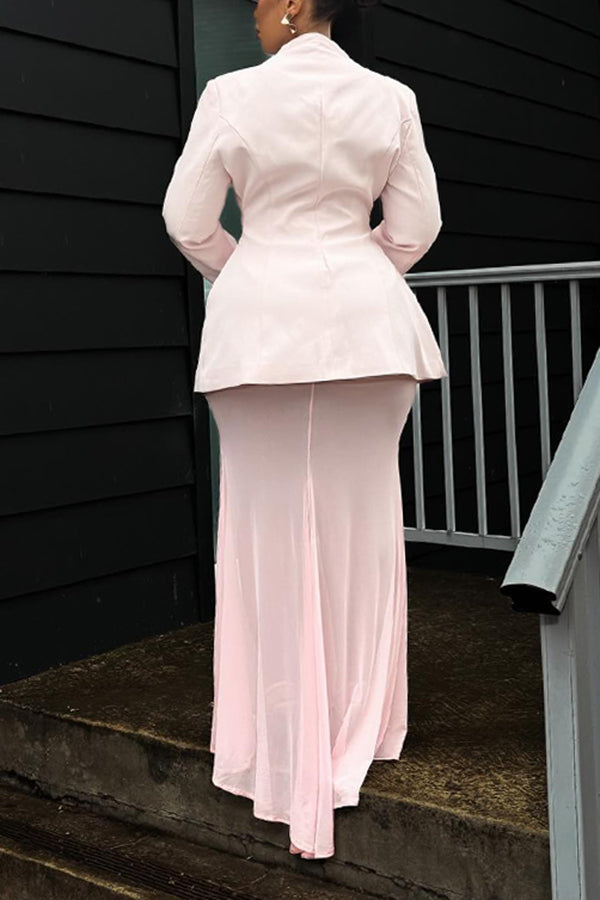 Elegant Slanted Placket Metal Button Blazer & Skirt Set