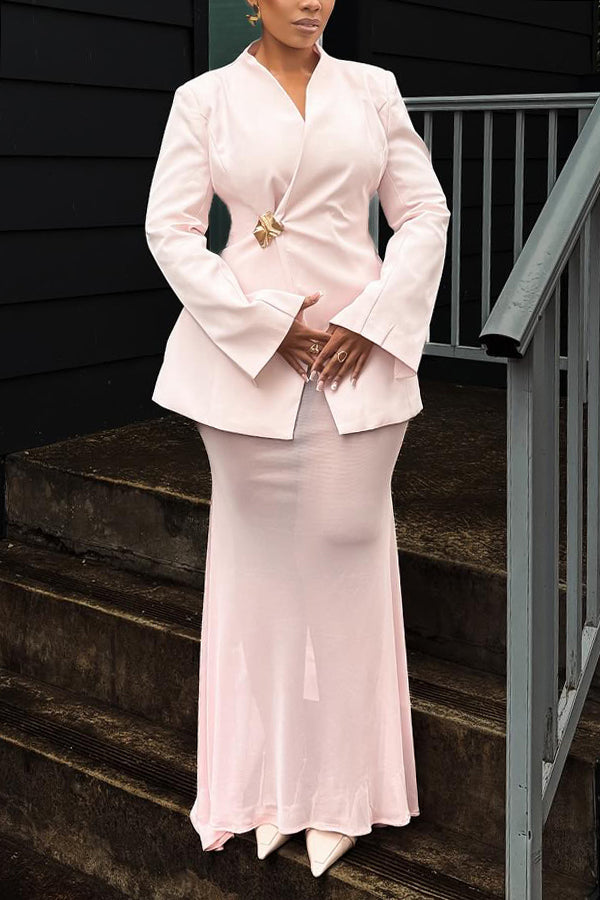 Elegant Slanted Placket Metal Button Blazer & Skirt Set