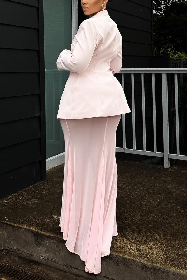 Elegant Slanted Placket Metal Button Blazer & Skirt Set