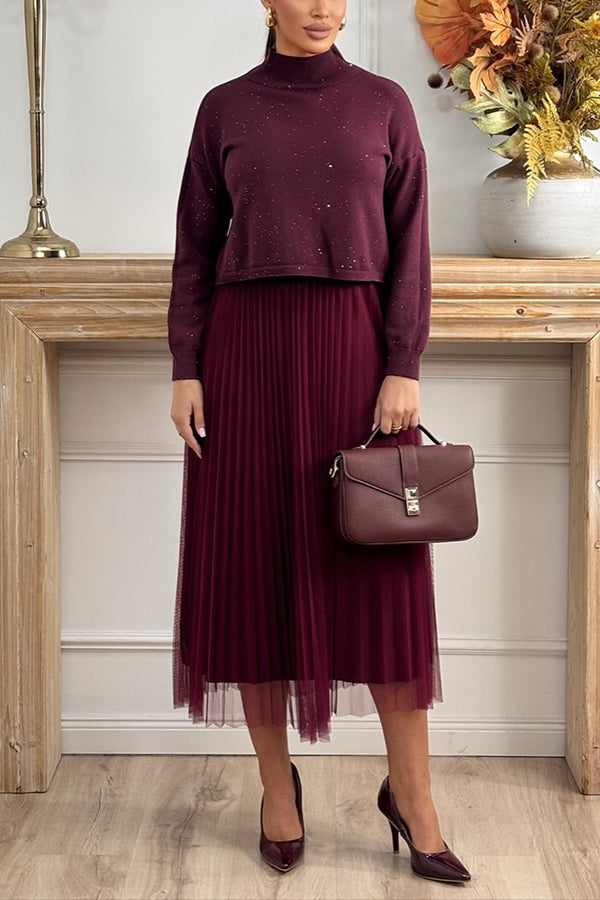 Cozy Ribbed Detail Top & Layered Mesh Skirt Set