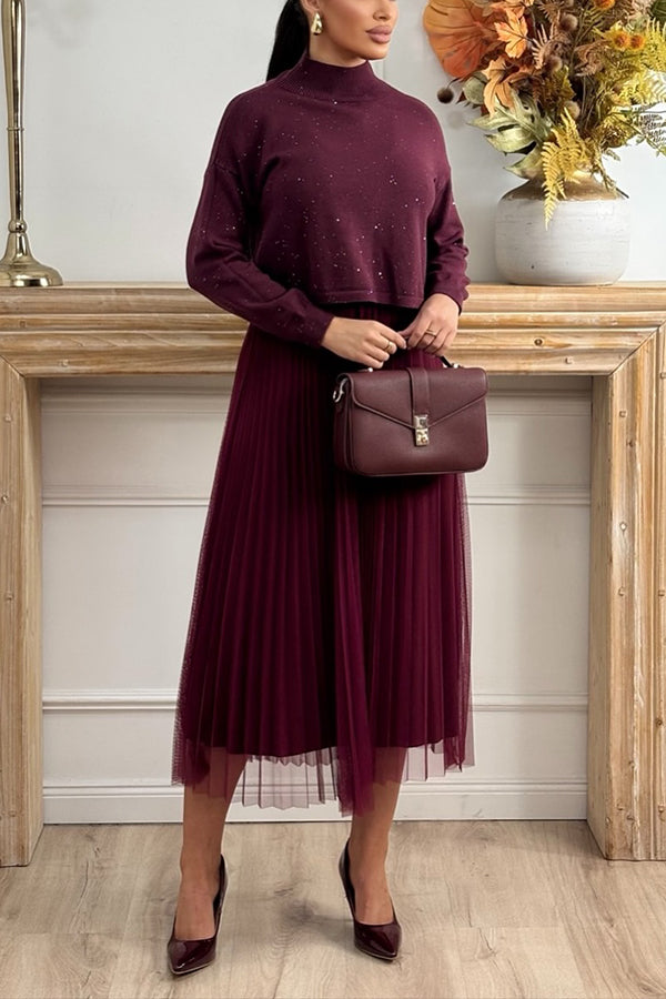 Cozy Ribbed Detail Top & Layered Mesh Skirt Set