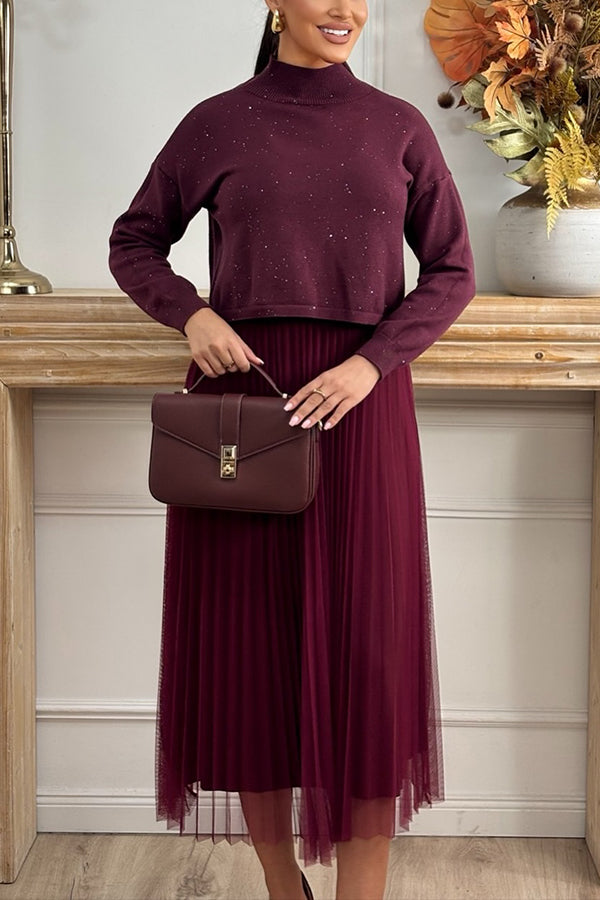 Cozy Ribbed Detail Top & Layered Mesh Skirt Set