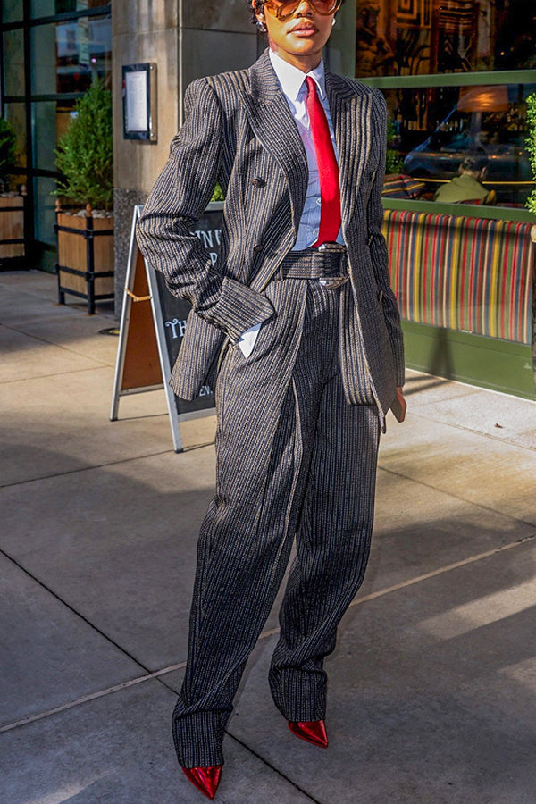 Commuter Double Breasted Striped Blazer & Belted Pants Set