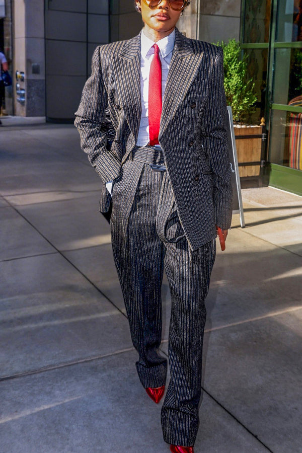 Commuter Double Breasted Striped Blazer & Belted Pants Set