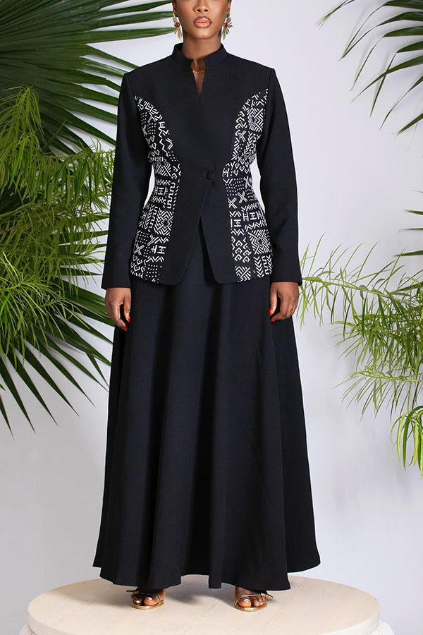 Unique Stand Collar Ethnic Totem Print Patchwork Blazer & Skirt Set