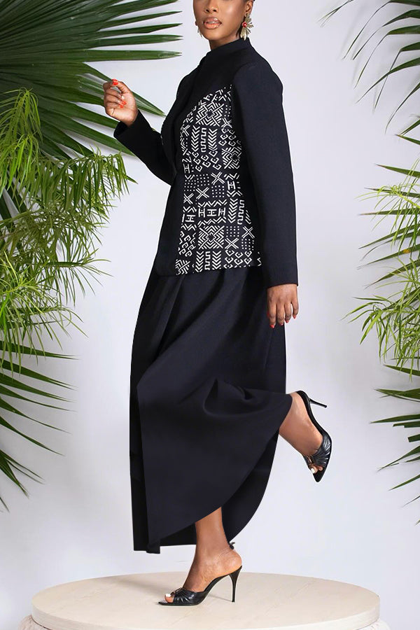Unique Stand Collar Ethnic Totem Print Patchwork Blazer & Skirt Set