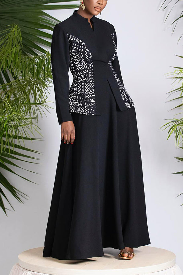 Unique Stand Collar Ethnic Totem Print Patchwork Blazer & Skirt Set