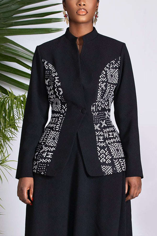 Unique Stand Collar Ethnic Totem Print Patchwork Blazer & Skirt Set