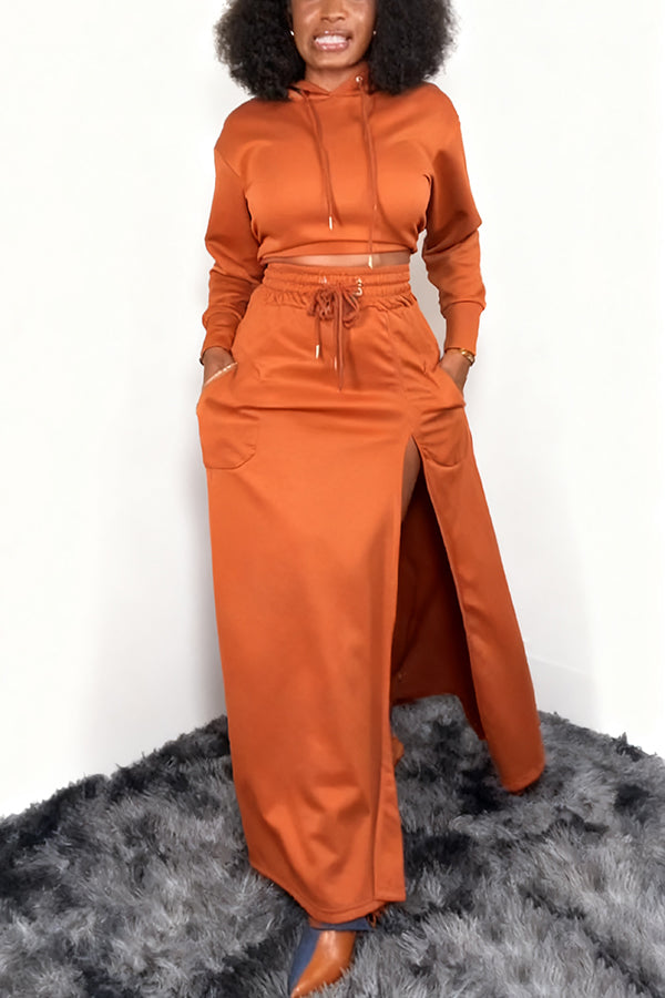 Relaxed Drawstring Hoodie & High Slit Skirt Set