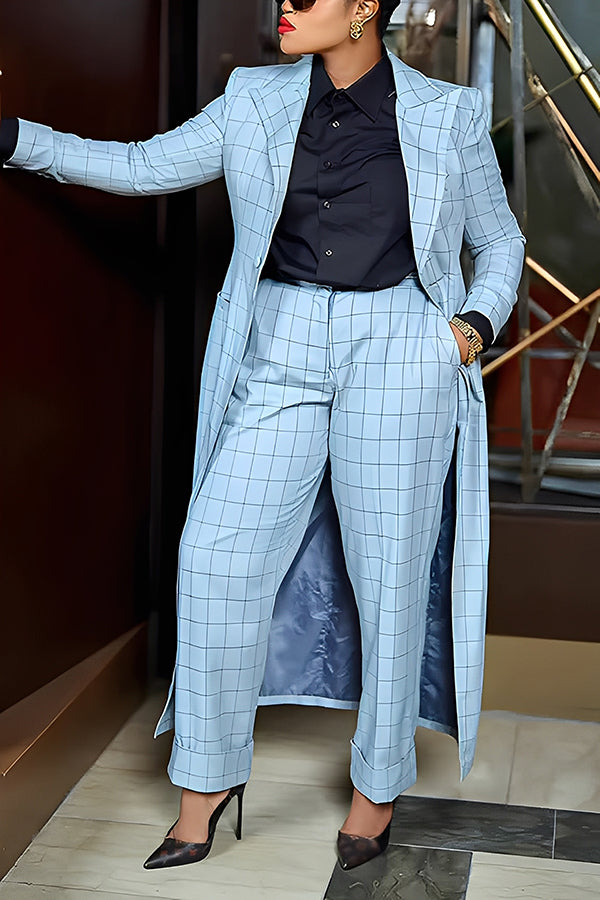 Stylish Plaid Long Blazer & High Waist Trousers Set
