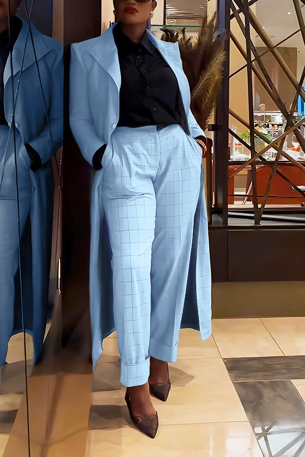 Stylish Plaid Long Blazer & High Waist Trousers Set