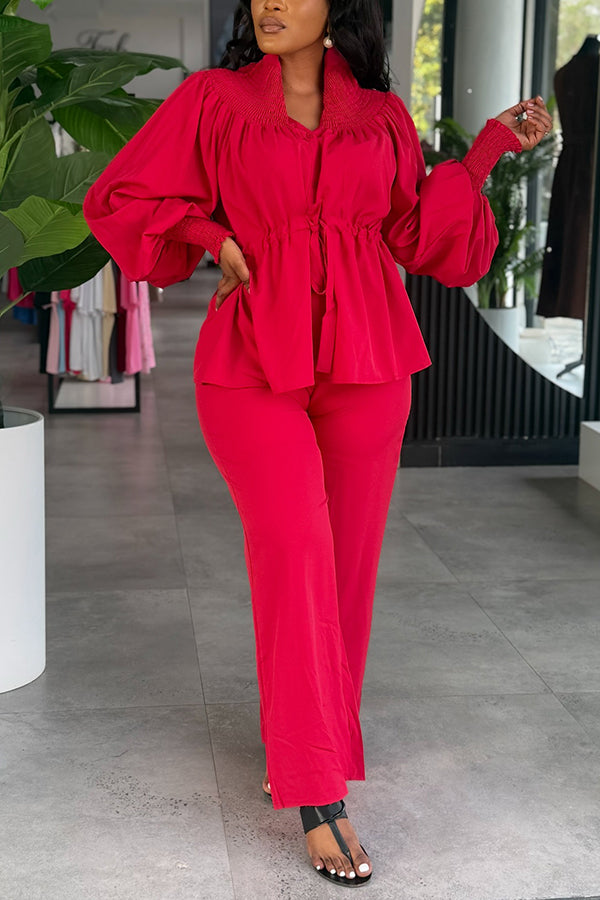 Chic Pleated Stand Up Collar Drawstring Shirt & Pants Set