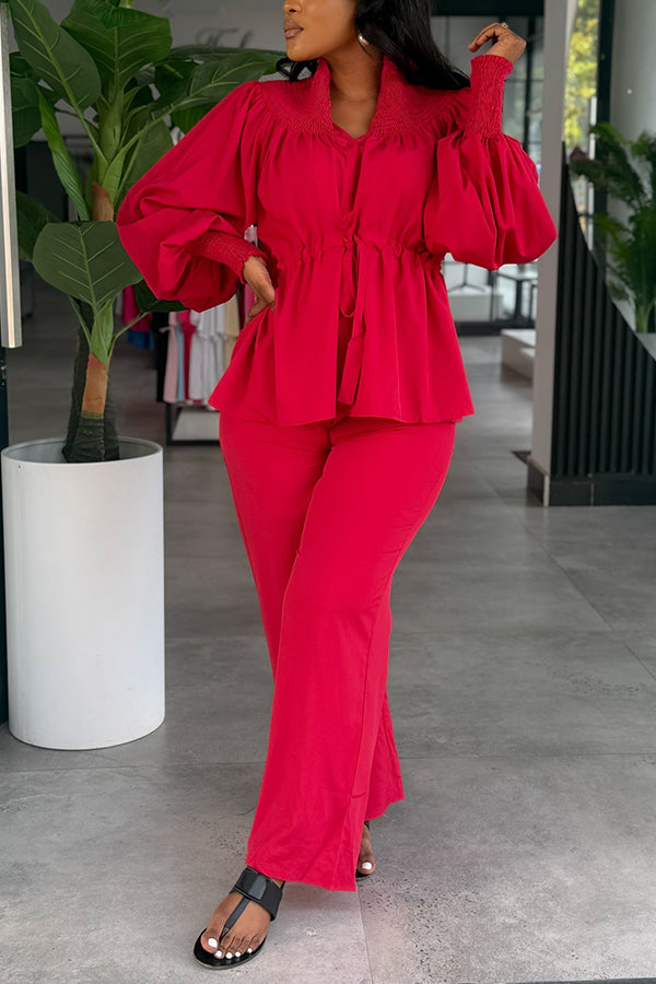 Chic Pleated Stand Up Collar Drawstring Shirt & Pants Set