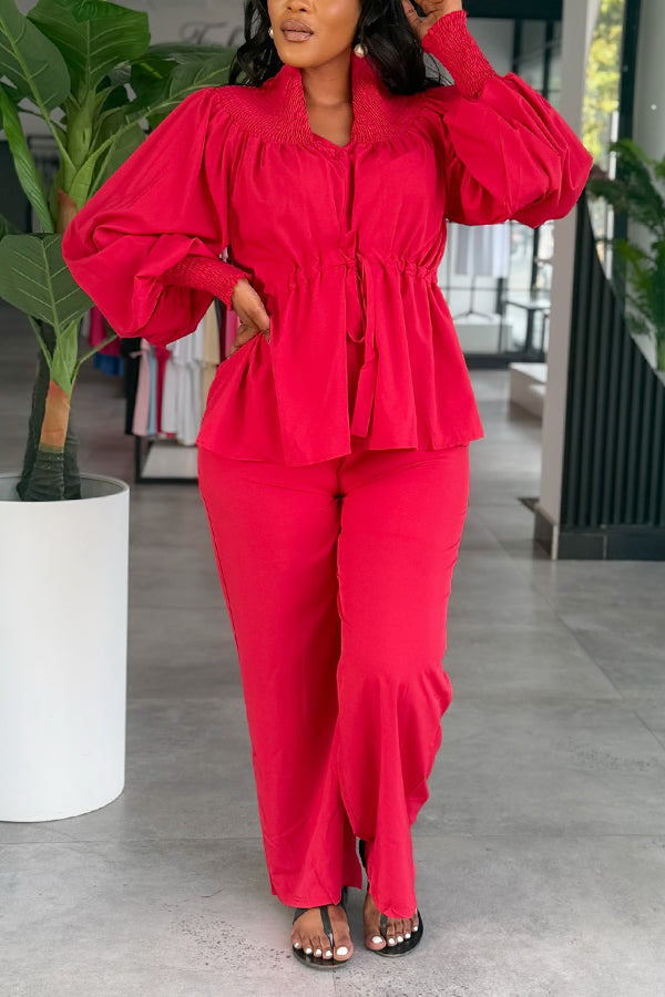 Chic Pleated Stand Up Collar Drawstring Shirt & Pants Set