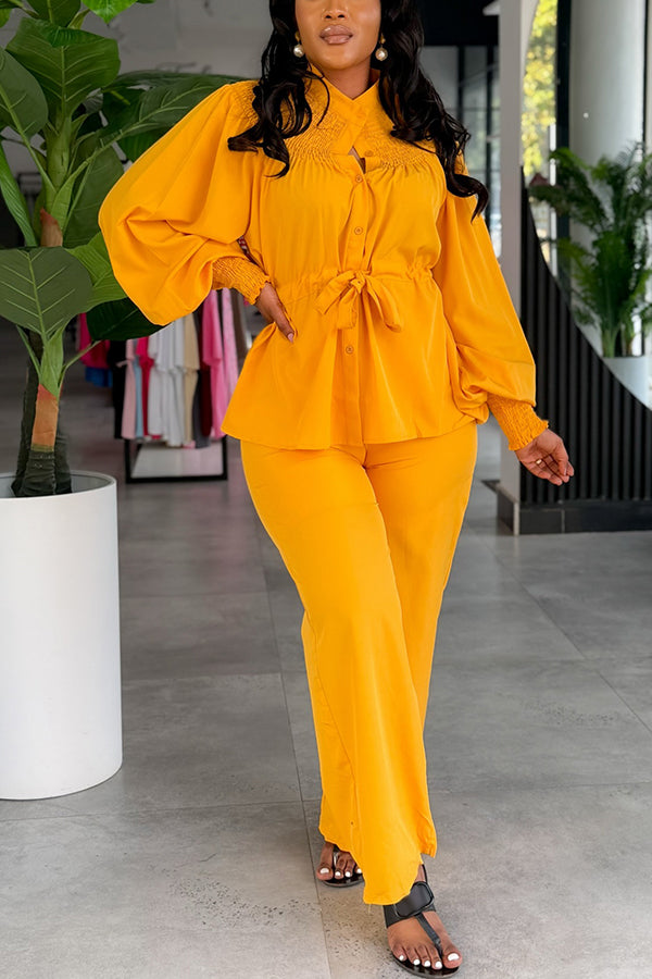 Chic Pleated Stand Up Collar Drawstring Shirt & Pants Set