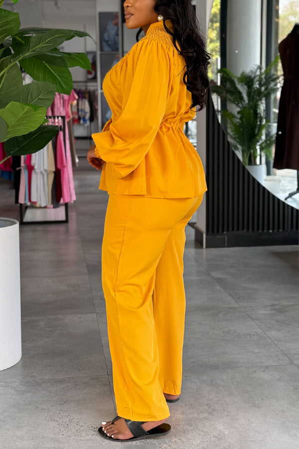 Chic Pleated Stand Up Collar Drawstring Shirt & Pants Set